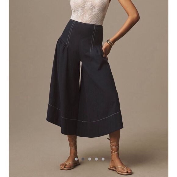 Anthropologie Pants NEW Linen Extended Waist Cropped Wide Leg Navy Blue size 6 - Picture 2 of 14